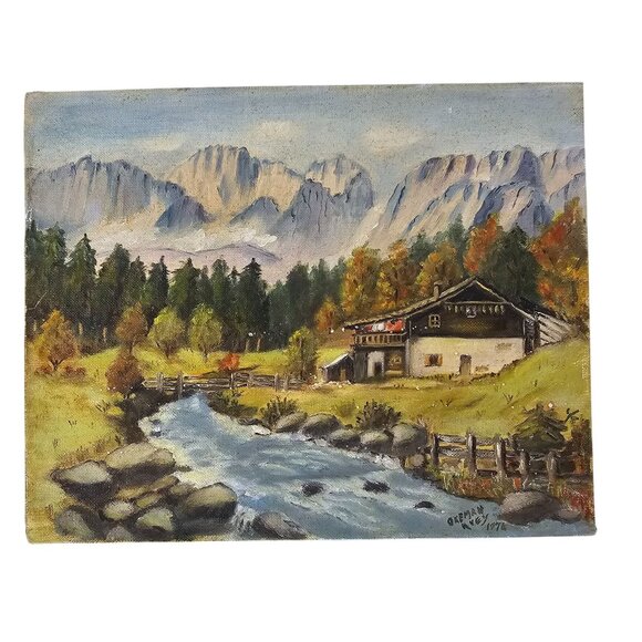 Vintage Mountain Landscape Oil Painting Signed Original Art 1976 FLAWS - Picture 1 of 11